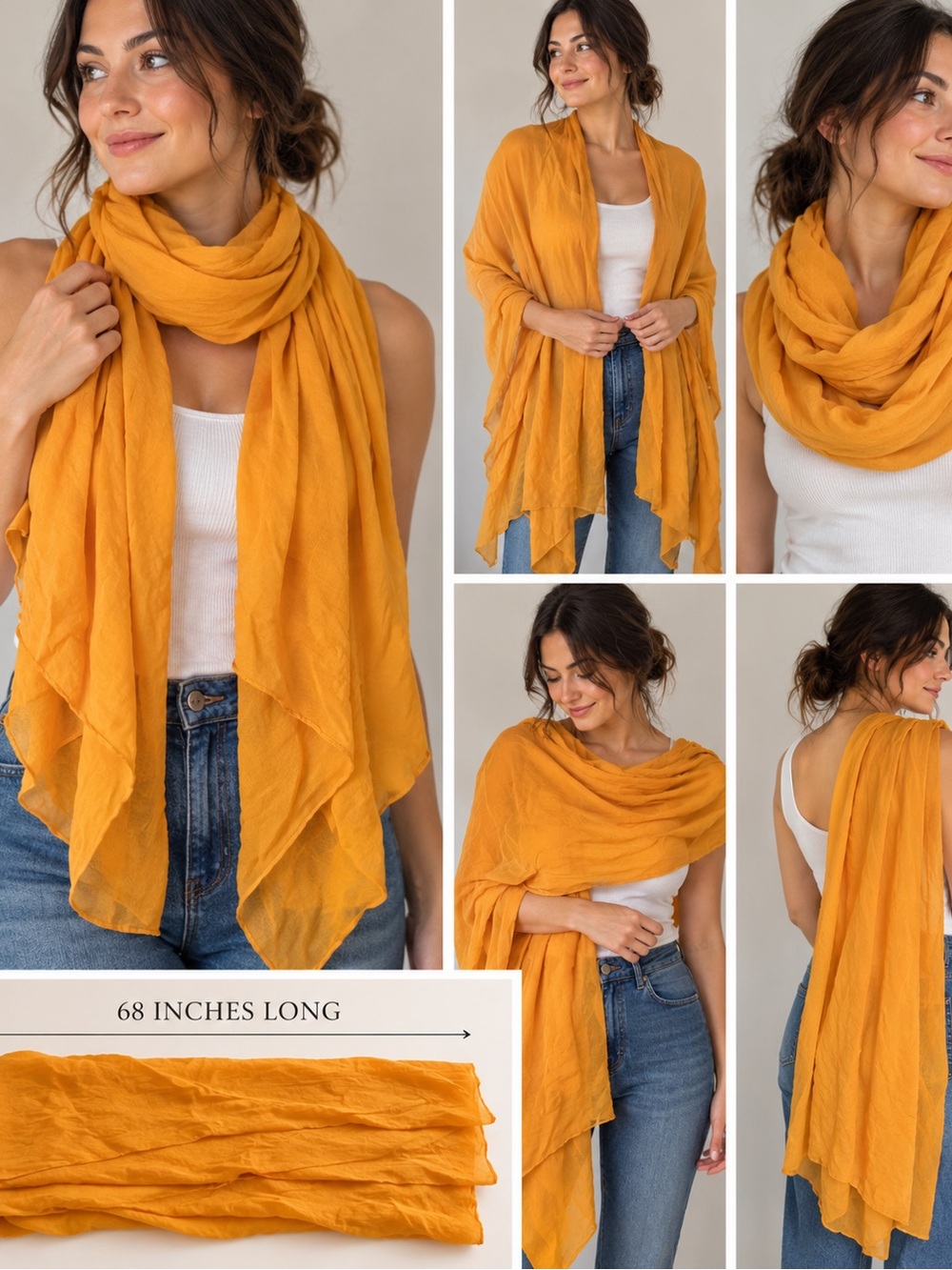Orange Mustard Lightweight Scarf 68” Long Oversized Wrap Boho Fall Accessory
